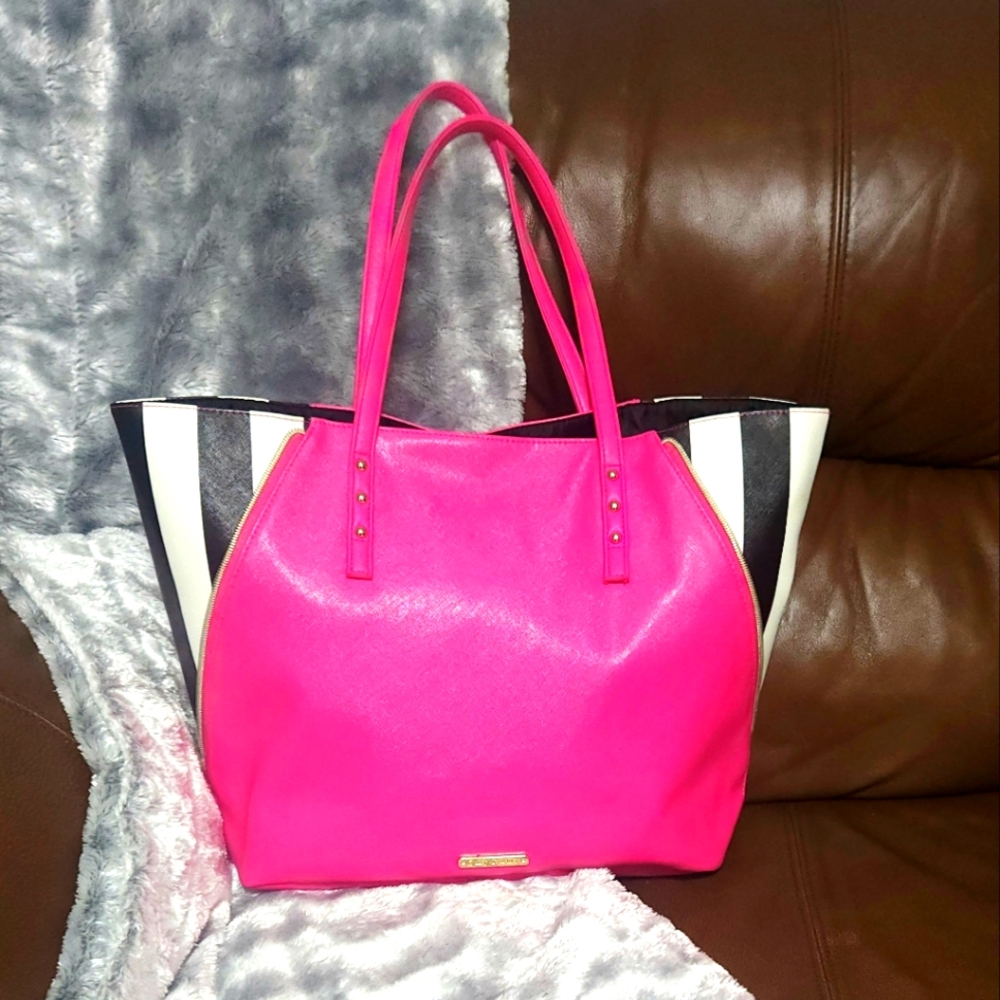 JUICY COUTURE Hot Pink/Black Strip Tote Bag